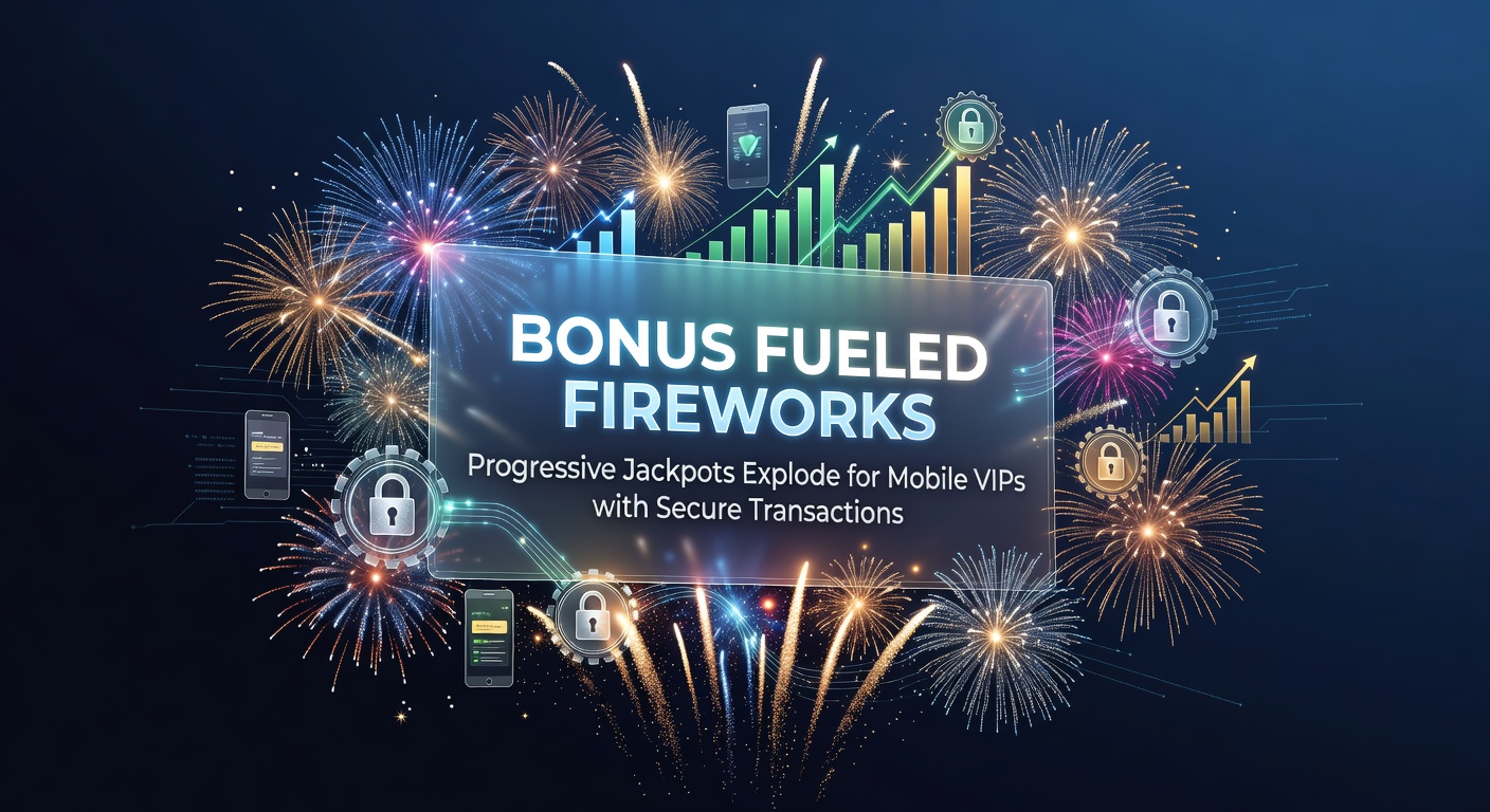 Vibrant display of exploding progressive jackpot fireworks over a mobile phone screen showing casino wins and secure payment icons