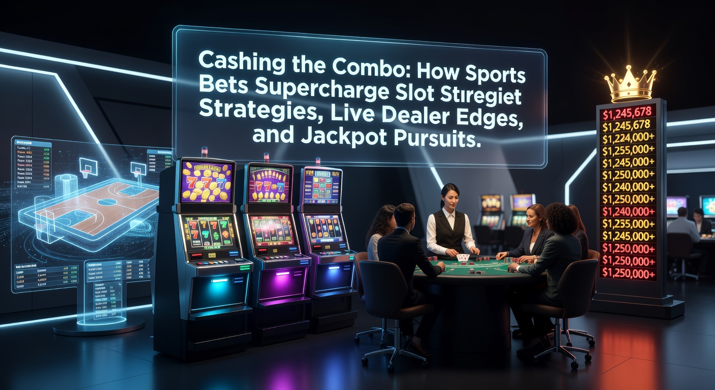 Dynamic graphic showing sports betting odds merging with slot reels, live dealer cards, and jackpot meters for a combo win strategy