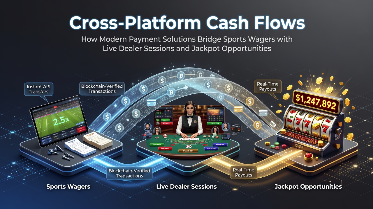 Illustration of cross-platform payment flows connecting sports betting, live dealer tables, and jackpot systems