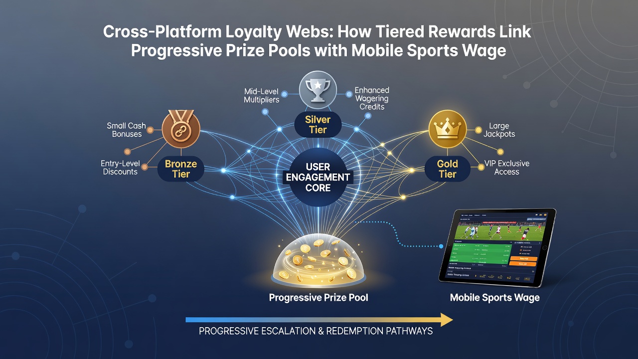 Diagram showing data flow between mobile sports wagers, dealer tables, and progressive prize pools via loyalty transfers