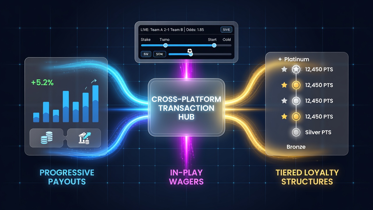 Illustration of loyalty tier progression linked to in-play wager activity and progressive jackpot contributions on a multi-device gaming interface