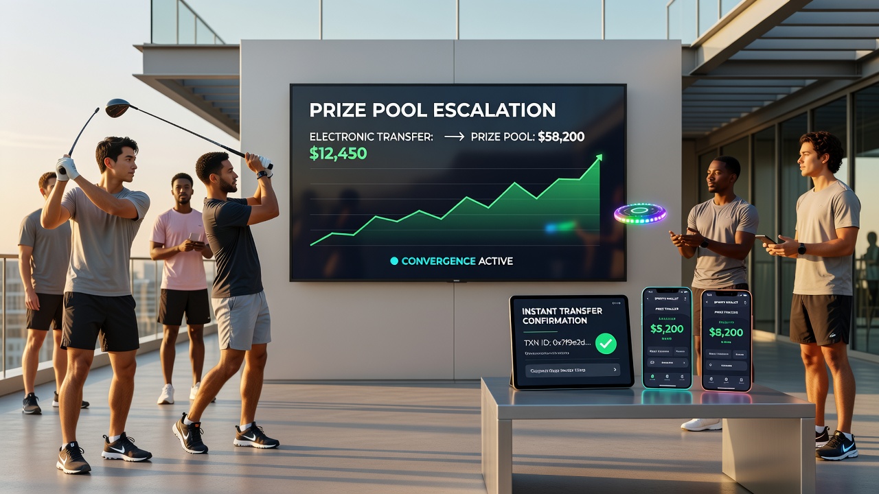 Infographic showing electronic transfer pathways connecting mobile sports bets to growing casino jackpot pools
