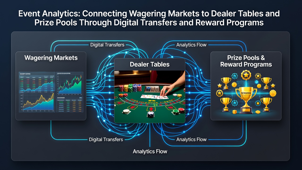 Event analytics dashboard displaying connections between sports betting markets, live dealer tables, and prize pool data flows