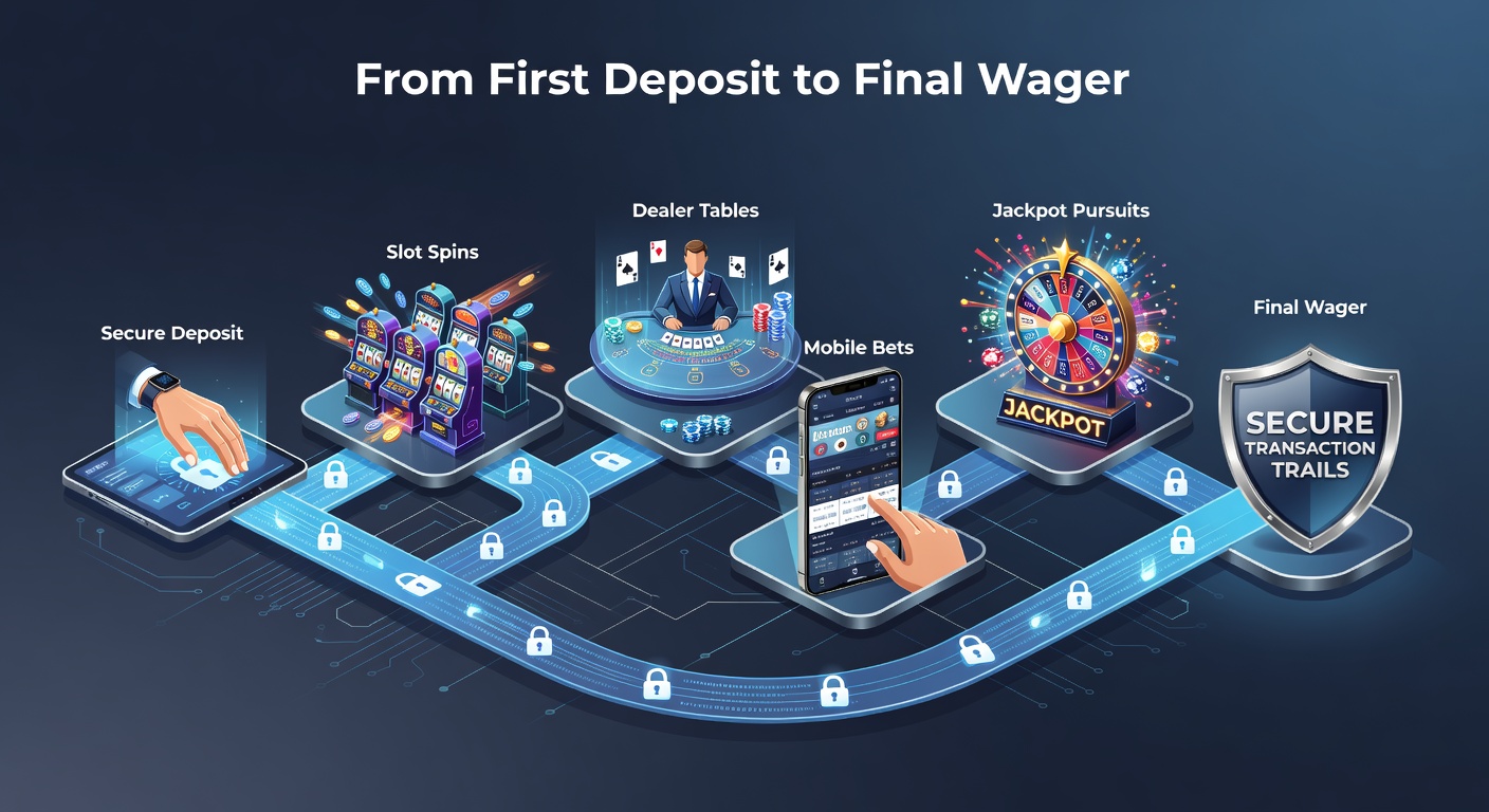 Digital flowchart illustrating secure transaction paths from deposit through various casino games to withdrawal, highlighting encryption layers and regulatory checkpoints