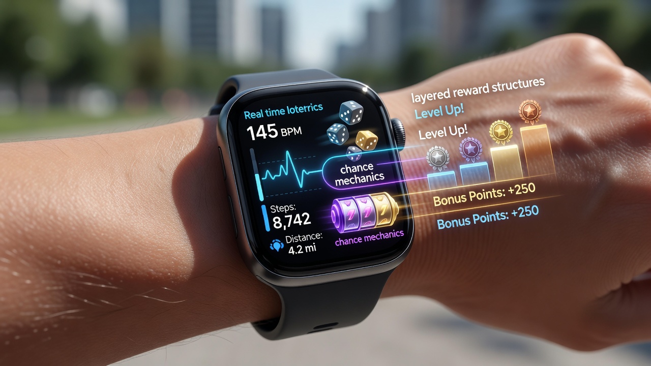 Wearable device displaying real-time athletic data streams integrated with app-based reward interfaces