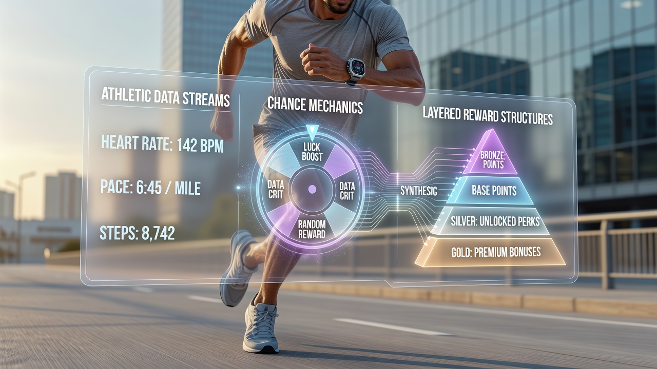 Mobile interface showing merged athletic metrics, chance-based rewards, and tiered progress indicators