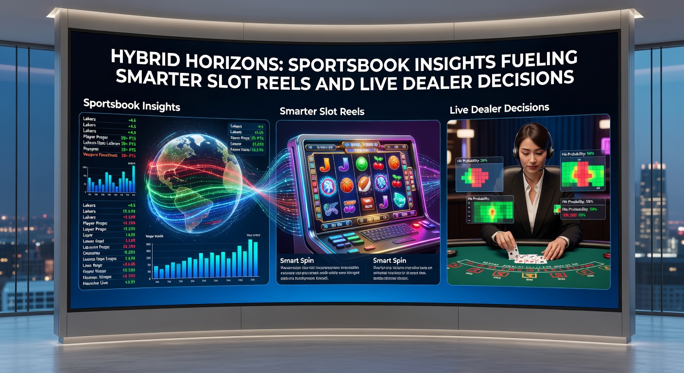 Dynamic visualization of sportsbook data streams merging with slot reels and live dealer tables, highlighting interconnected gaming analytics