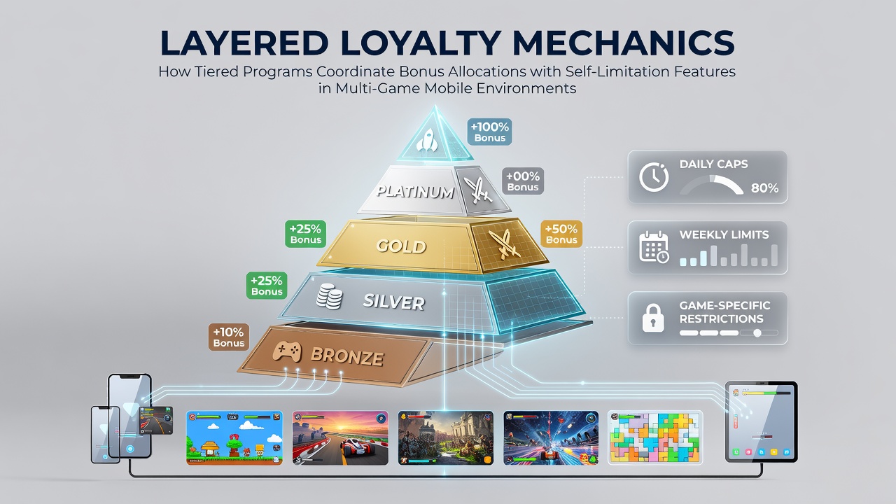 Illustration of tiered loyalty program interfaces on mobile gaming screens showing bonus allocation and limit settings