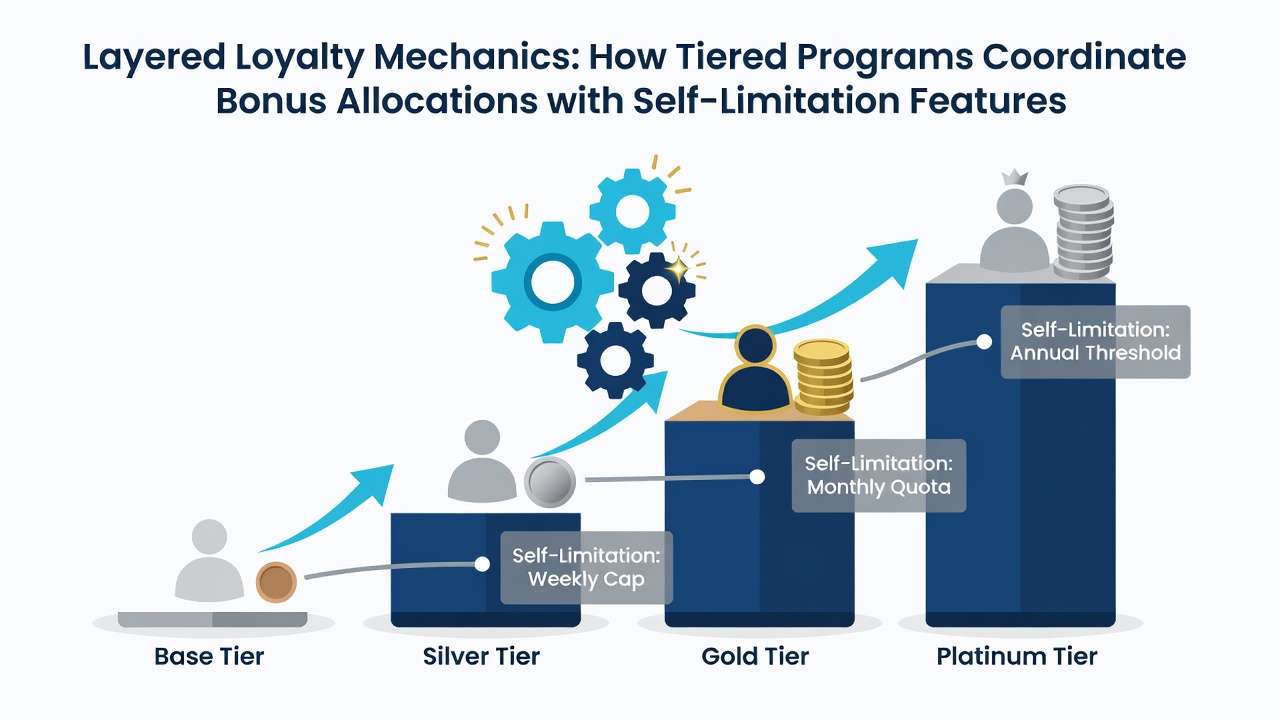 Mobile app screenshot displaying loyalty tier progress alongside active self-exclusion and spending limit controls