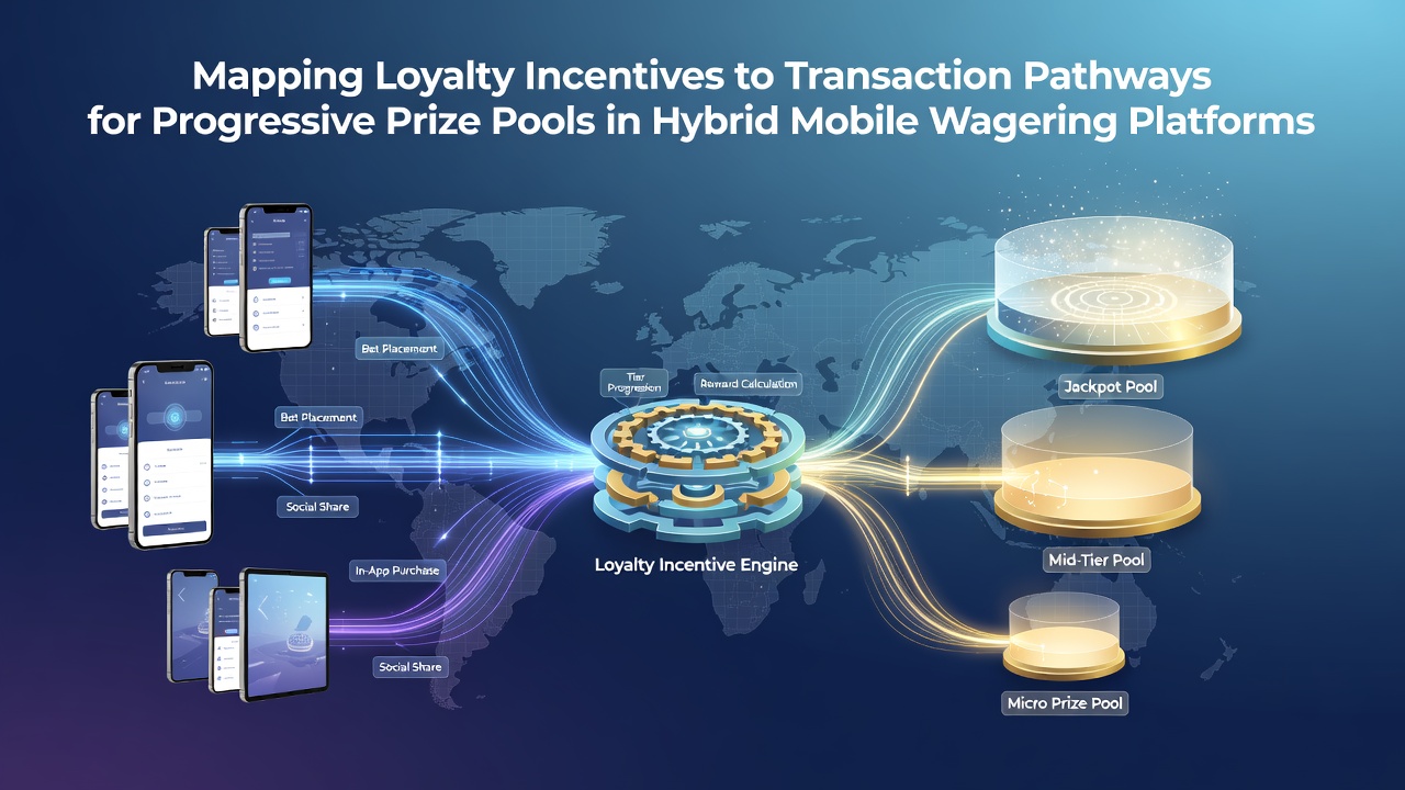 Diagram showing loyalty incentive flows mapped to transaction pathways leading into progressive prize pools within a hybrid mobile wagering interface