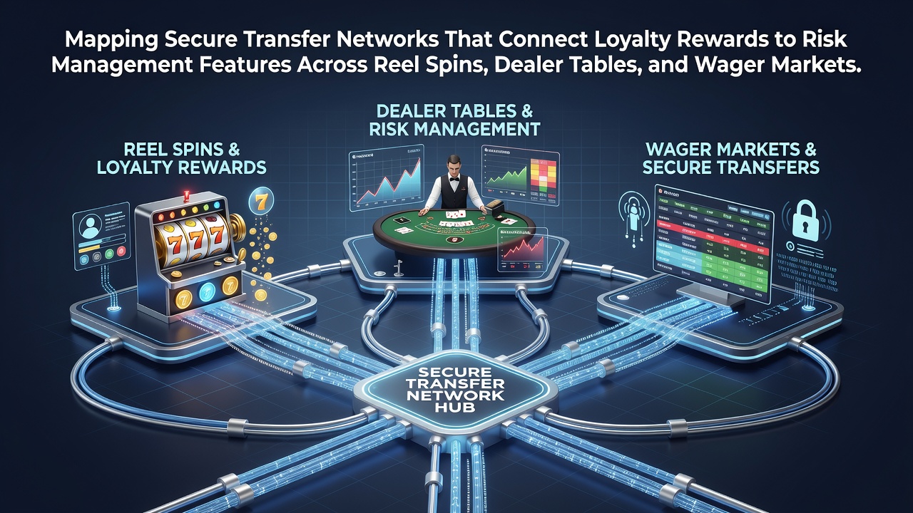 Secure transfer networks diagram showing loyalty rewards flowing into risk management tools across gaming platforms