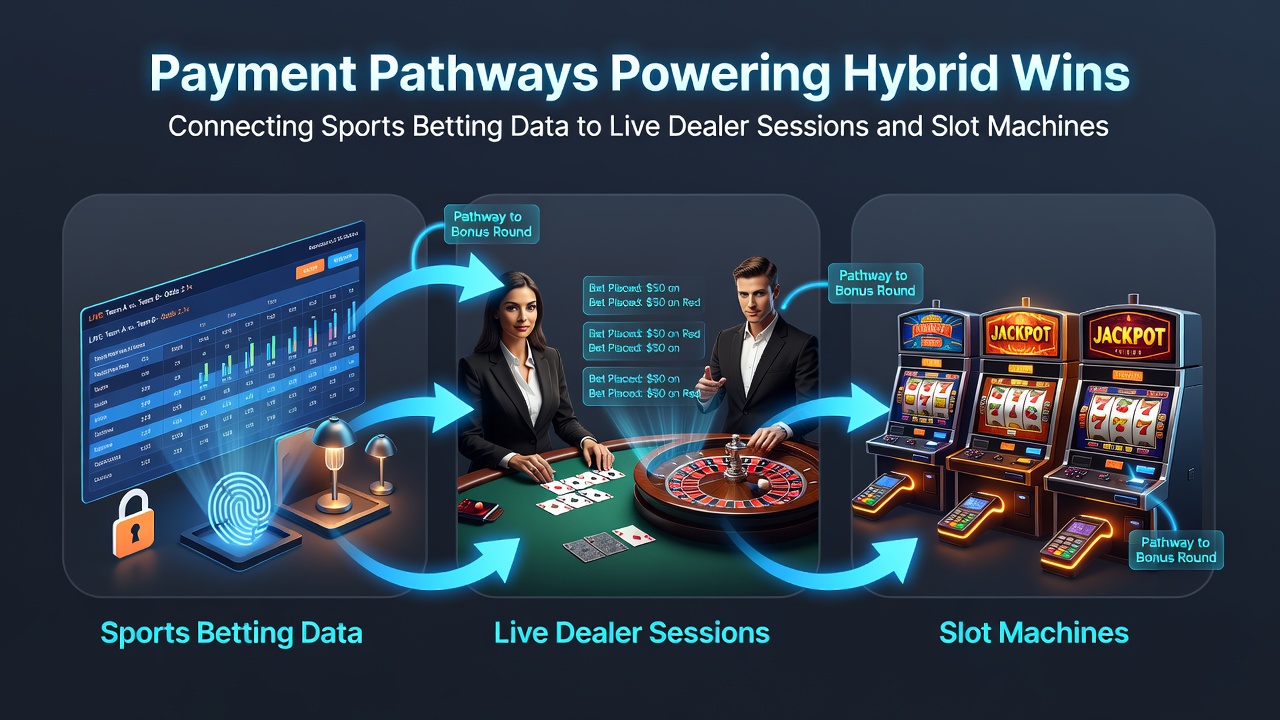 Smartphone screen displaying interconnected sports betting data, live dealer interface, and slot jackpot meter powered by unified payments