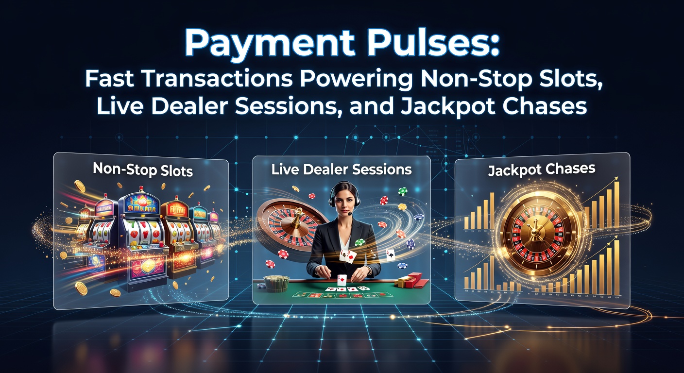 Digital payment icons pulsing with speed alongside slot reels, live dealer tables, and jackpot meters in an online casino interface