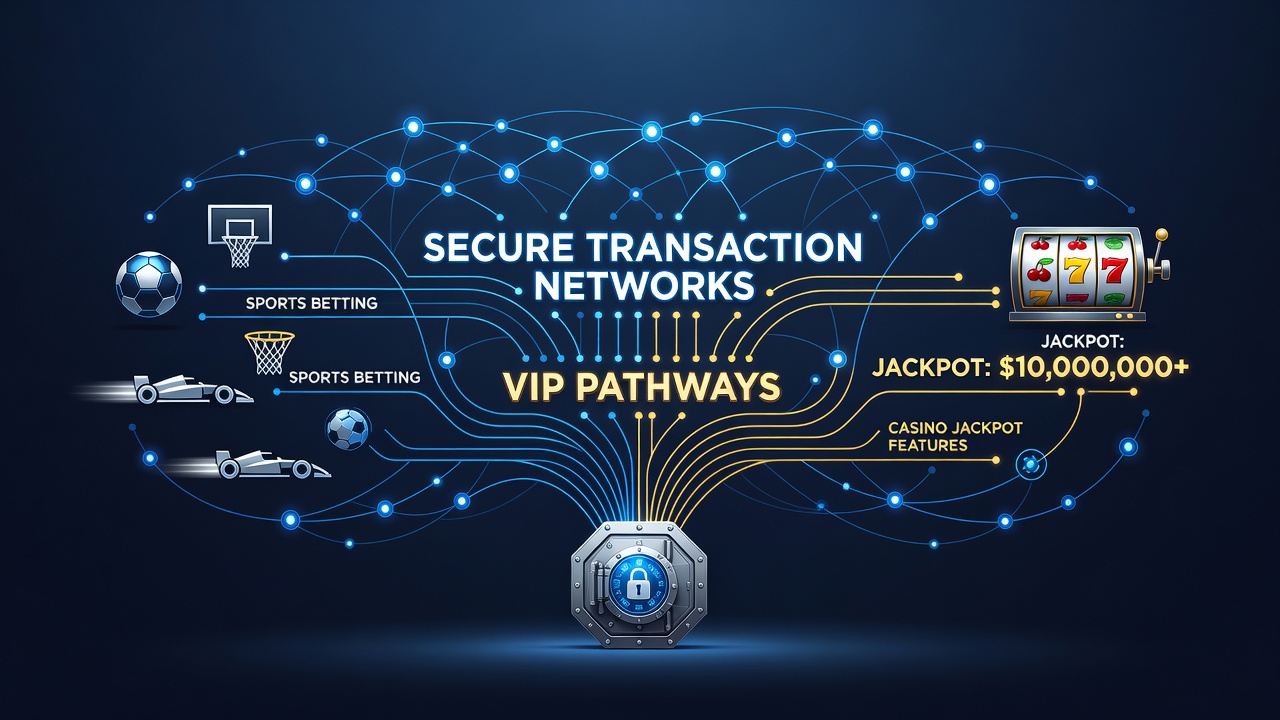 Secure transaction networks diagram showing encrypted pathways for sports betting and casino jackpots
