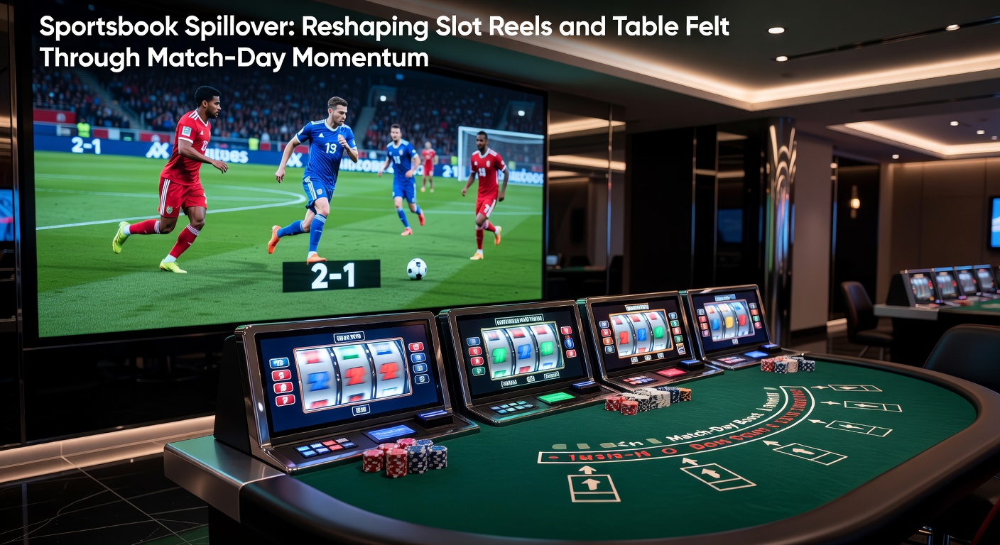 Crowd of bettors at screens during a live sports match, transitioning to casino slots in the background