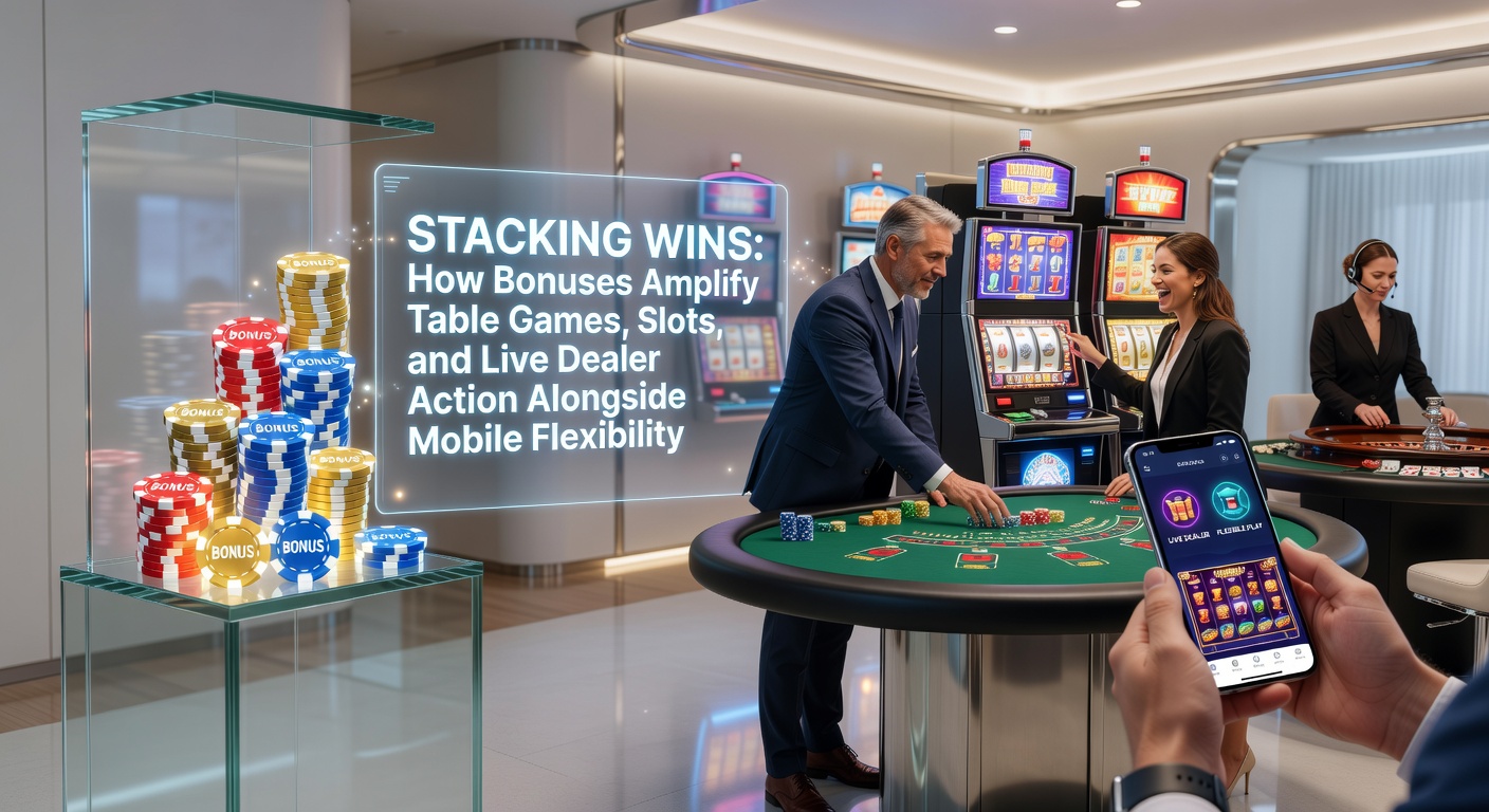 Vibrant casino floor where players stack colorful chips next to glowing slot machines and tablet screens displaying live dealer tables, symbolizing bonus amplification across games and devices