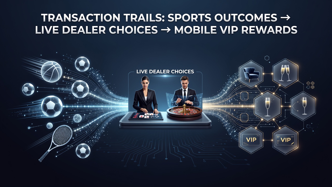 Illustration of digital transaction flows connecting sports betting interfaces to live dealer tables on mobile devices with VIP reward indicators
