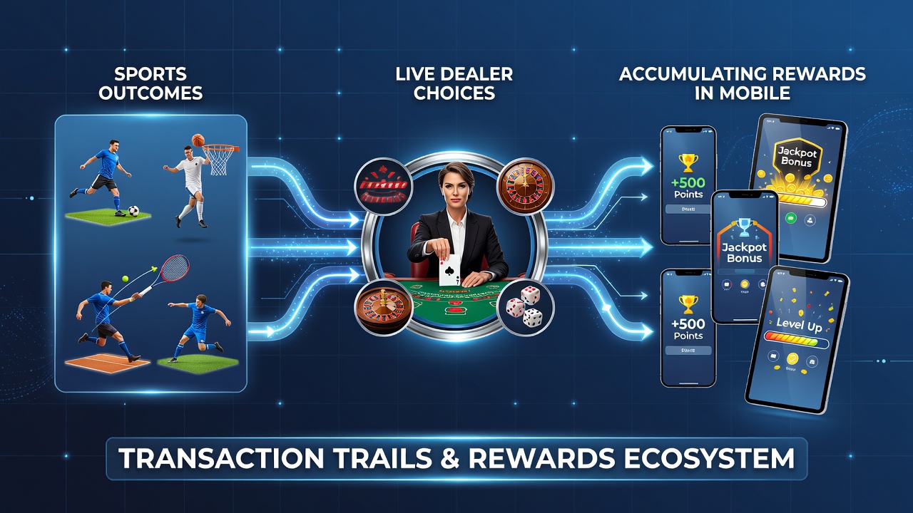 Screenshot-style graphic showing mobile VIP tier progression with linked sports and live dealer transaction icons