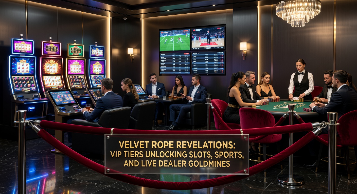 Dynamic image of VIP slot machines erupting with gold coins, surrounded by tier badges and jackpot meters
