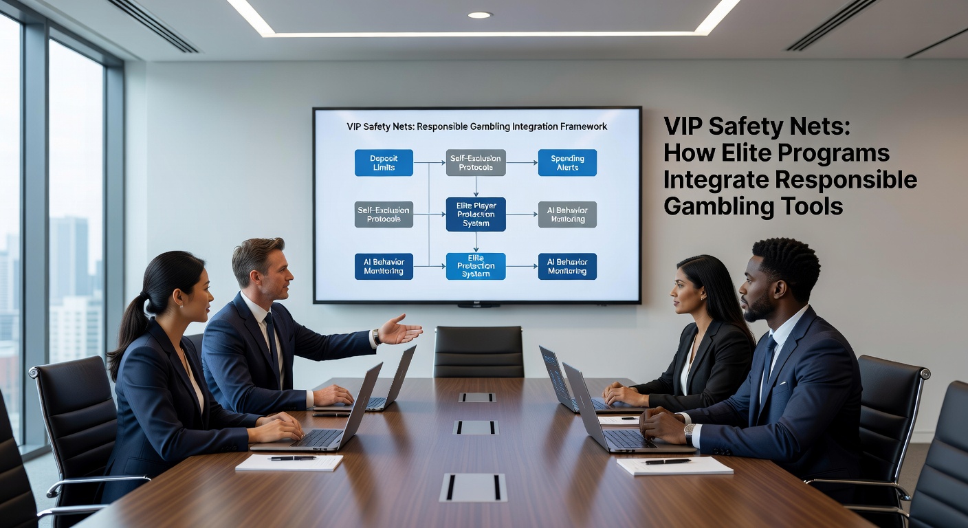 VIP lounge in a high-end casino with subtle safety net icons overlayed, representing elite responsible gambling integration