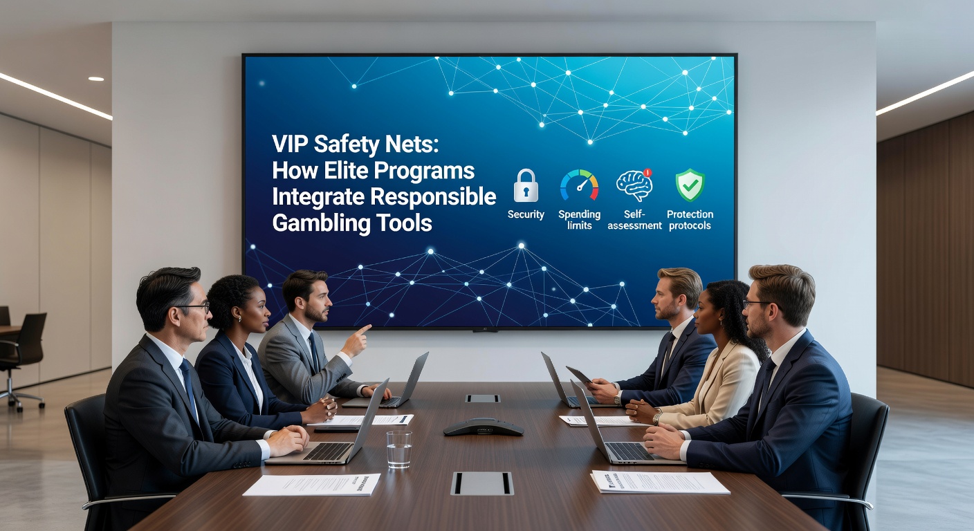 Digital dashboard showing VIP responsible gambling tools in action, with graphs of limits, checks, and support options